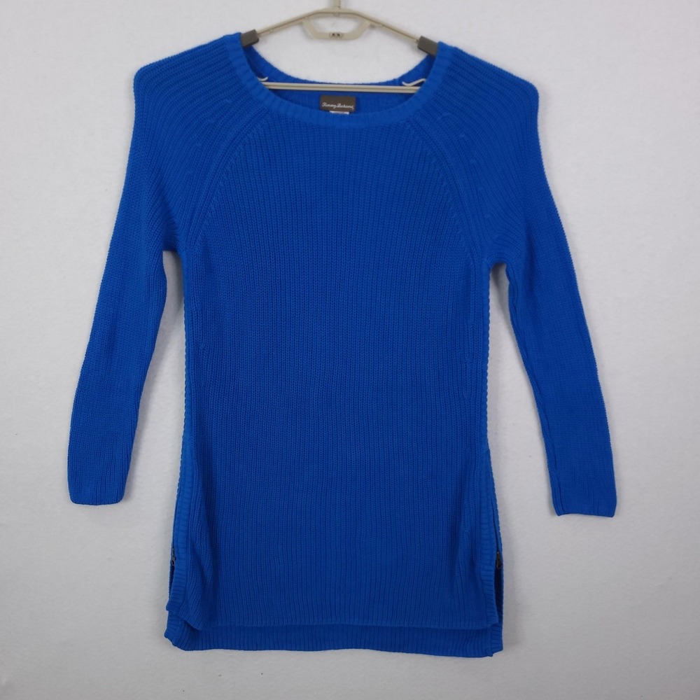 Tommy Bahama Sweater Tunic Womens L Blue 100% Cotton Crewneck Open Knit Pullover
